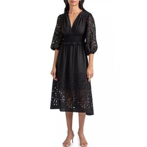 NWT Shoshanna Ari Laser Cut Midi Eyelet Dress Black Size 2